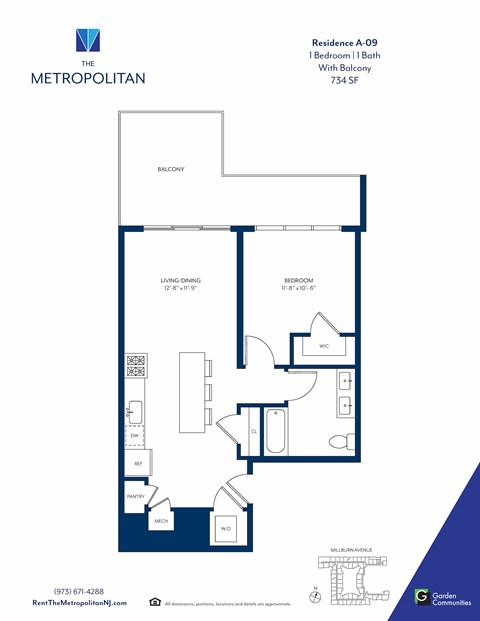 Floor plan for 1 bed, 1 bath, 734 sqft